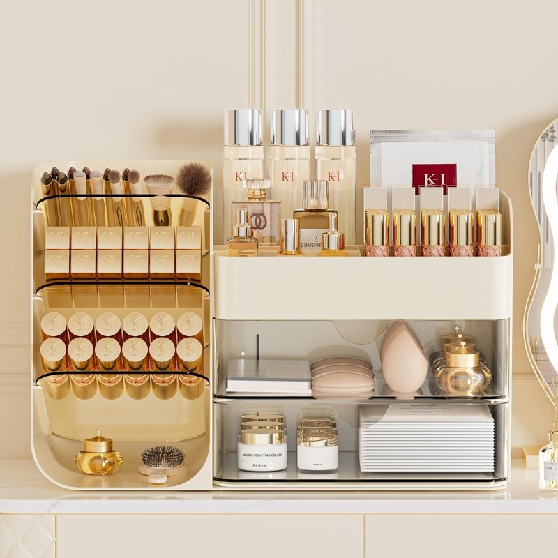 KQJS Makeup Organizer with Drawers,Large Capacity Countertop Organizer for Vanity,Bathroom and Bedroom Desk Cosmetics Organizer,Easy To Storage Skincare,Brushes,Lotions,Lipstick (All Cream)