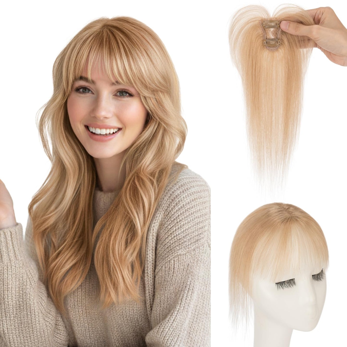 SEGO SEGOHAIR Clip in Bangs Hair Toppers for Women Real Human Hair, 360°3D Wispy Bangs for Thinning Hair Daily Wear (27, Honey Blonde)