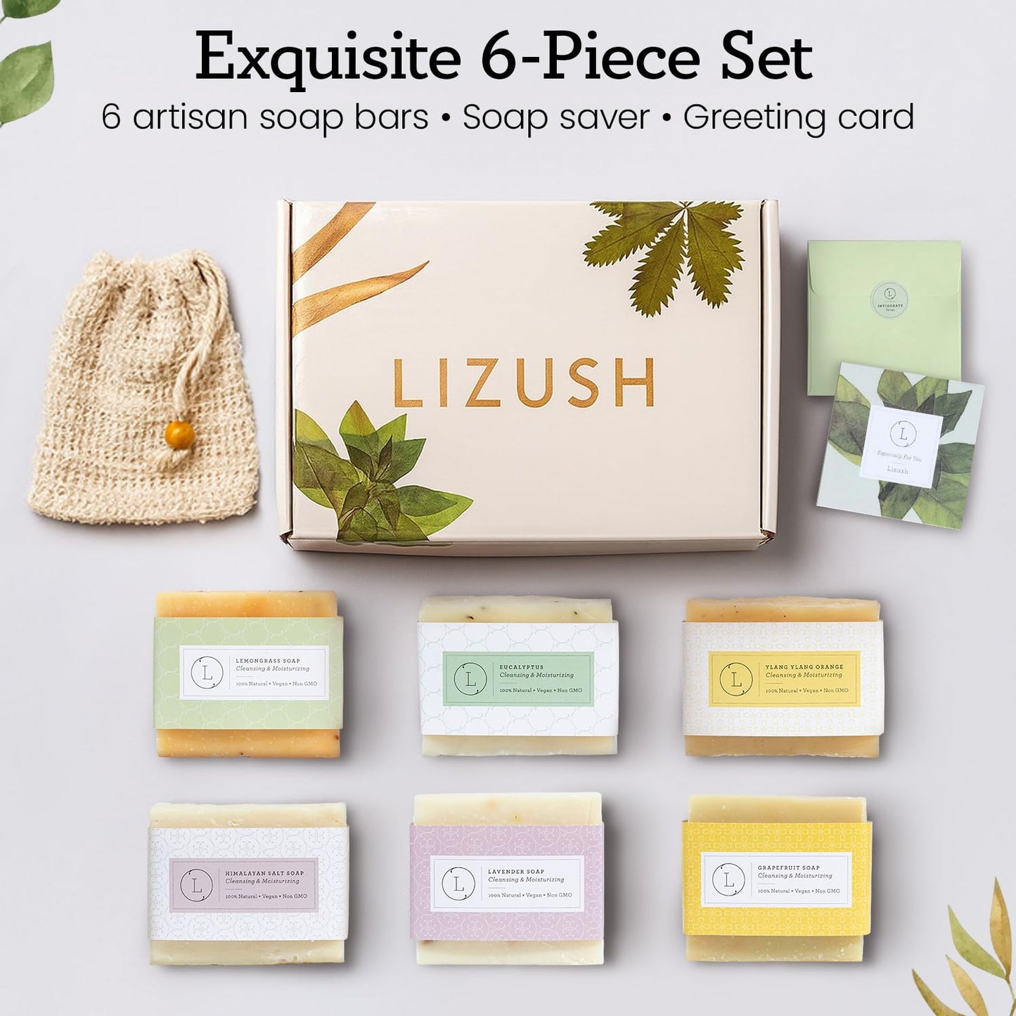 Lizush 6 Piece Soap Gift Set - Handmade in the USA Spa Gifts for Women, Luxurious Soap Bar Gift Set - Skin Care Set with Lemongrass, Grapefruit, Eucalyptus, Ylang Ylang, Lavender & Himalayan Salt