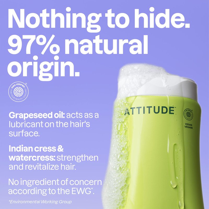 ATTITUDE Nourishing Hair Shampoo, EWG Verified, For Dry and Damaged Hair, Naturally Derived Ingredients, Vegan and Plant Based, Grapeseed Oil and Olive Leaves, 16 Fl Oz