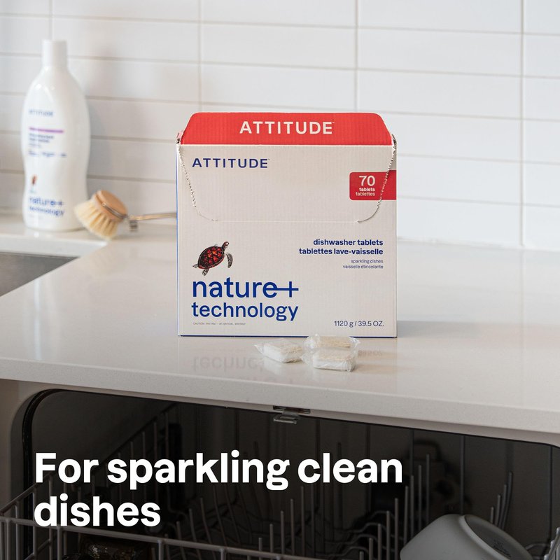 ATTITUDE Dishwasher Pods, Plant-Based & Vegan, Phosphate-Free Detergent Tablets, Naturally Derived, Unscented, 70 Count