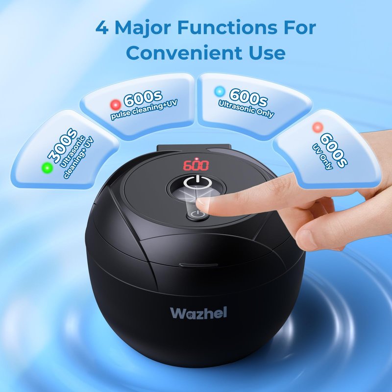 Wazhel Ultrasonic Retainer Cleaner Machine, 45kHz Dental Cleaning Pod for Denture, Mouth Guard, Night Guard, Aligner, Braces, Toothbrush, 200ML Denture Cleaner with Digital Timer & 4 Modes, Black