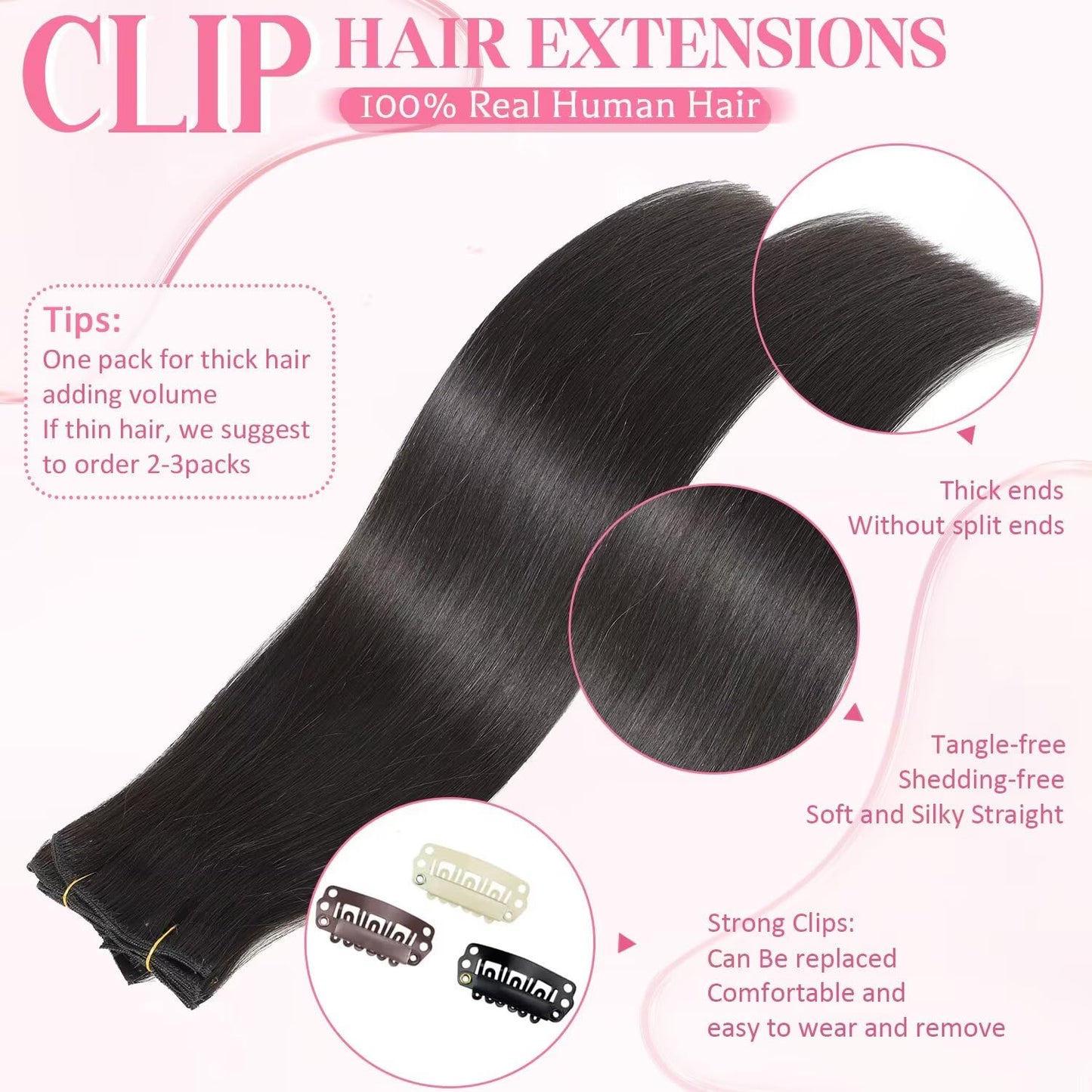 Tebelove Clip in Hair Extensions Real Human Hair, 100g/3.6oz, Clip in 100% Brazilian Remy Human Hair Extension for Women, Double Weft 8pcs Per Set with 18 Clips 1B Natural Black 16 Inch