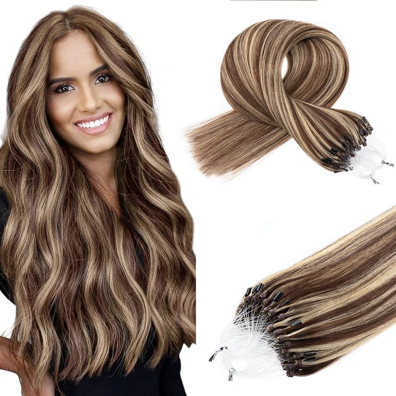 Kpvxxve Micro Ring Hair Extensions Human Hair 16inch Micro Loop Brown Mix Blonde Micro Bead Human Hair Extensions #4/613 Natural Straight Hair Extension 50g 1g/s