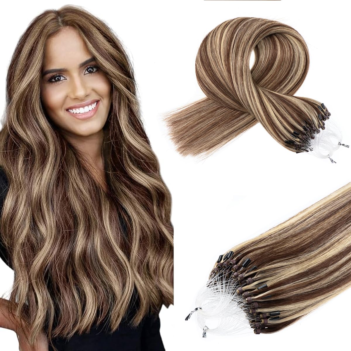 Kpvxxve Micro Ring Hair Extensions Human Hair 16inch Micro Loop Brown Mix Blonde Micro Bead Human Hair Extensions #4/613 Natural Straight Hair Extension 50g 1g/s