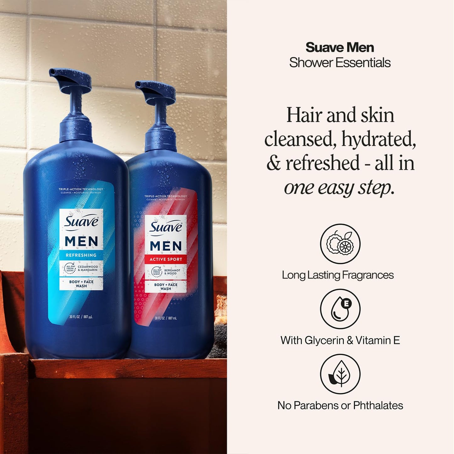 Suave Men Body Wash Bundle – Energizing Sport + Refreshing Body + Face Wash, 30 Oz Ea (3 Piece Set)