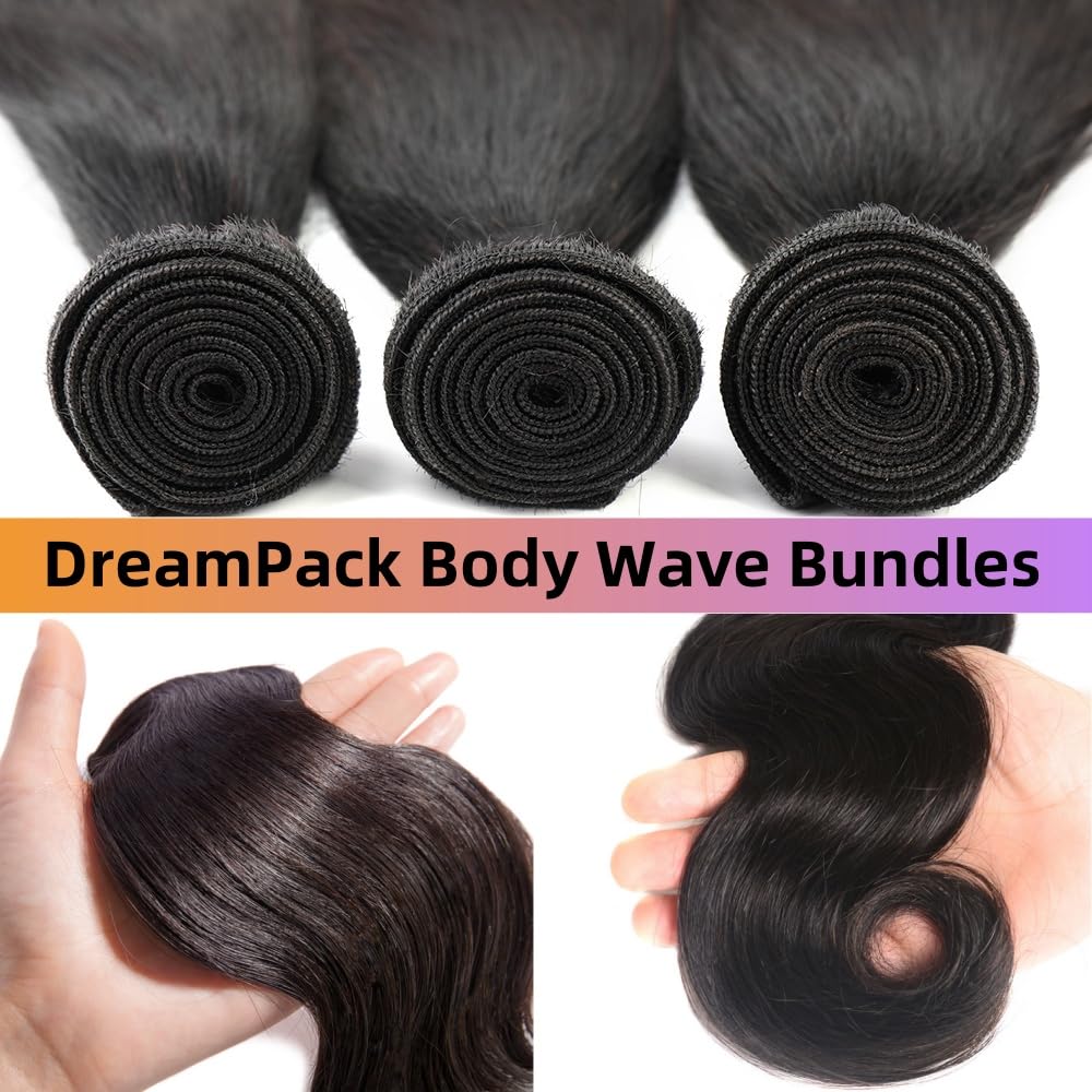DreamPack Bundles with Closure Human Hair Body Wave Bundles Human Hair with 4x4 Lace Closure 100% Unprocessed Virgin Hair Extensions Natural Color (8" 8" 8" + 8" Closure)