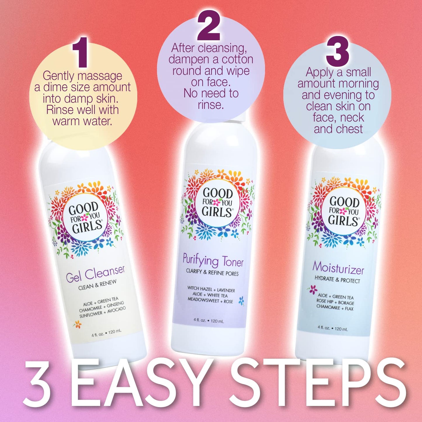 Three-Step Skincare Gift Set - Cleanser, Toner & Moisturizer for Girls to Teens, Safe, Natural, Plant-Based ingredients. Vegan & Gluten-Free | 3 Piece, 4 oz ea.