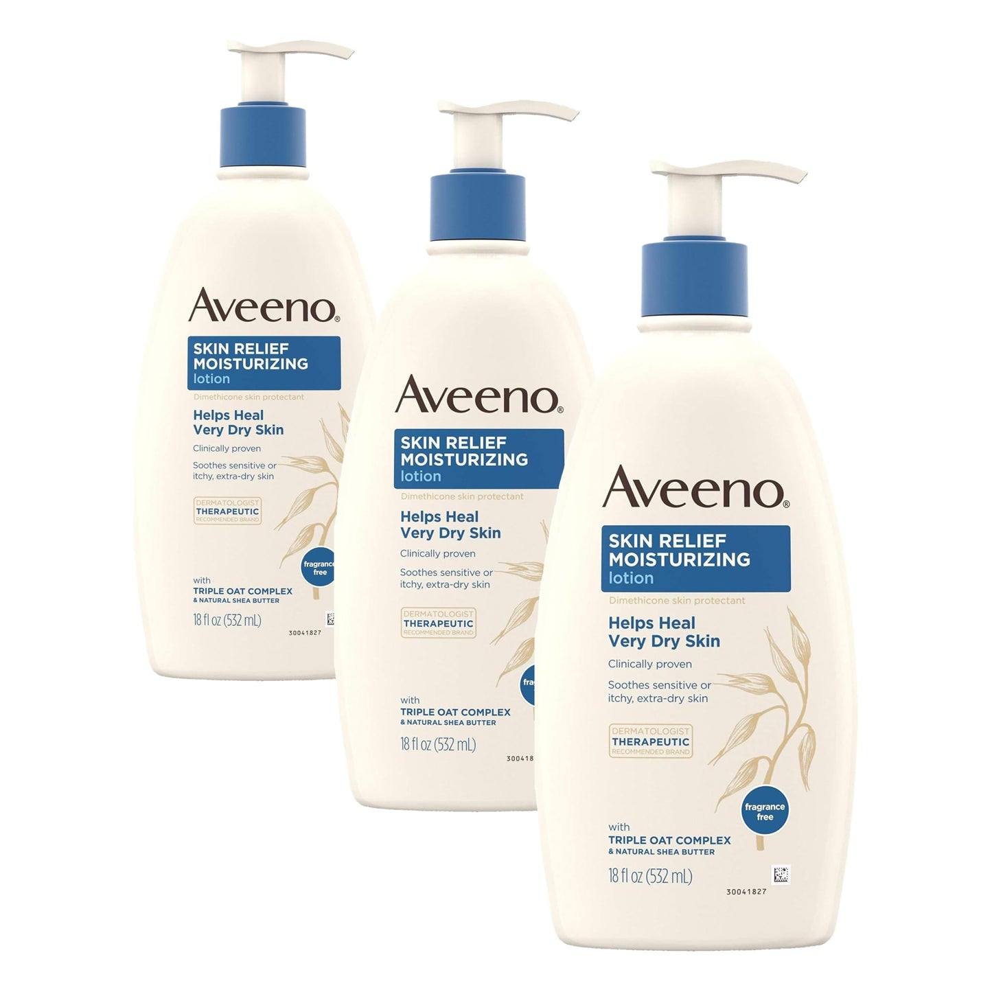 Aveeno Skin Relief Fragrance-Free Moisturizing Lotion for Sensitive Skin, with Natural Shea Butter & Triple Oat Complex, Unscented Therapeutic Body Lotion for Itchy, Extra-Dry Skin, 18 fl. oz