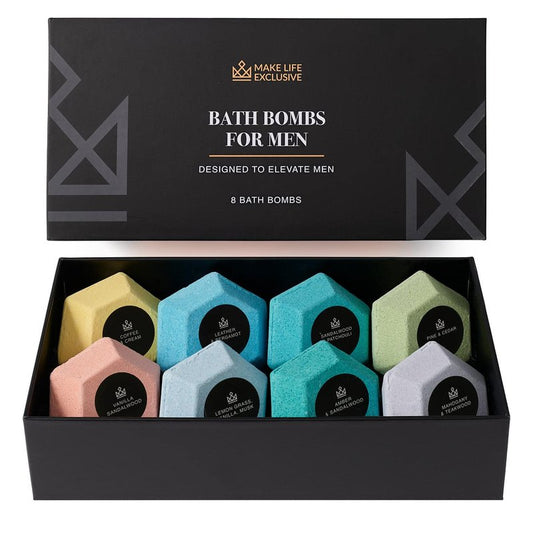 Bath Bombs for Men - 8 Large Diamond-Shaped Natural Bath Bombs | Relaxing Bubble Bath Set with Masculine Scents