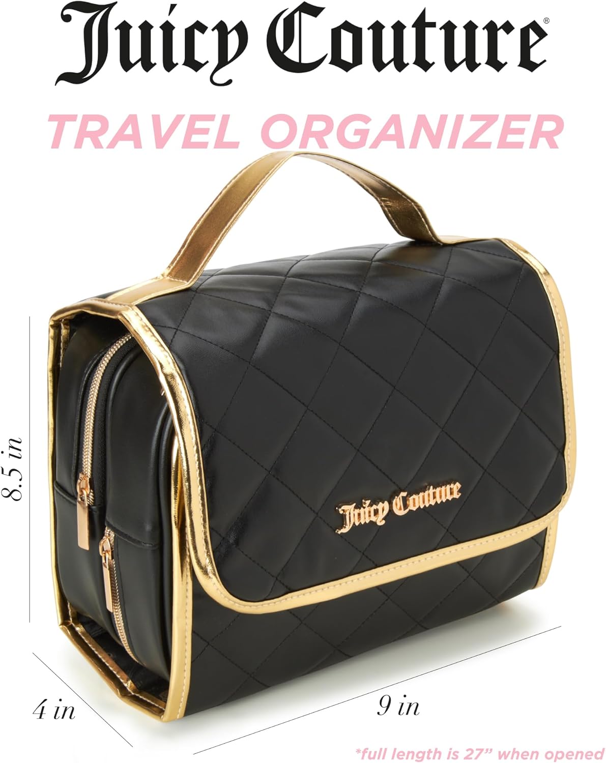 Juicy Couture Black Makeup Bag - Faux Quilted Leather Cosmetics Organizer with Hanging Hook | Travel Essential