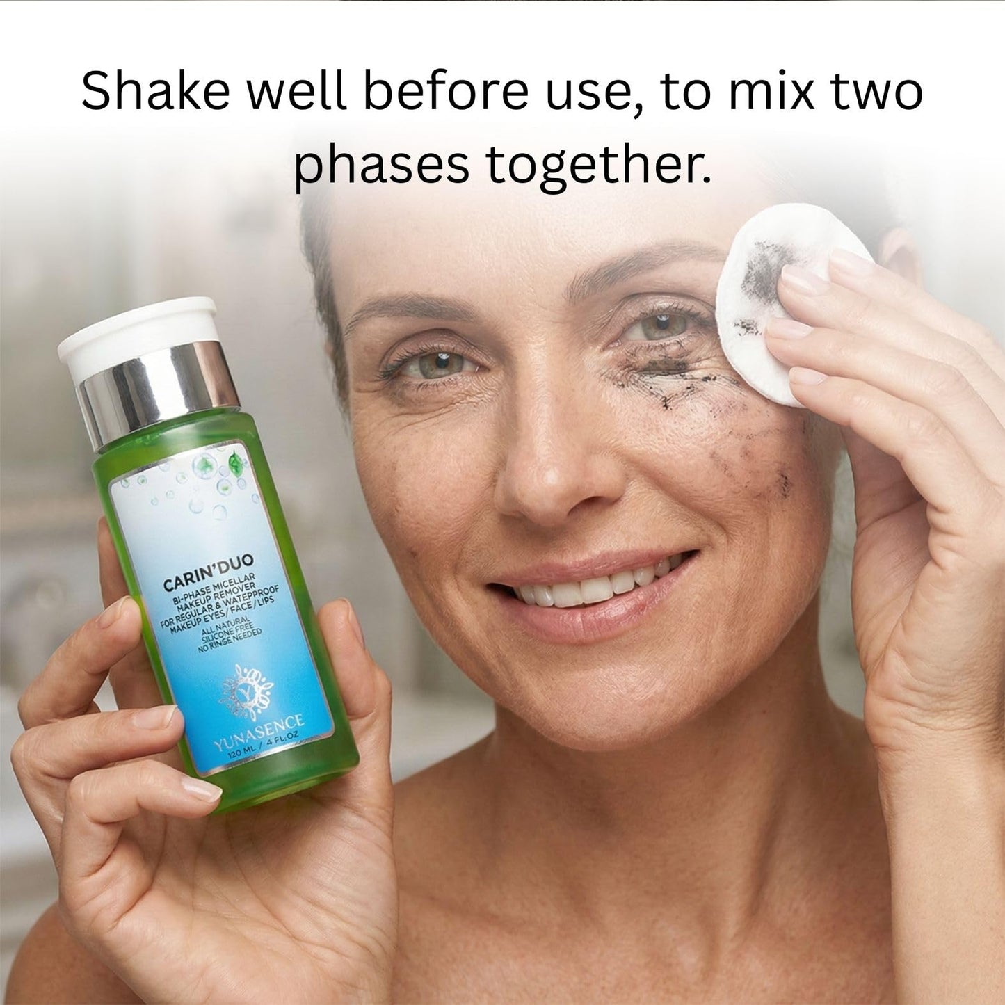 Sweetsation Therapy YUNASENCE CARIN’DUO Bi-Phase Micellar Makeup Remover for Regular and Waterproof Makeup. Eyes/Face/Lips, 4oz. 100% Natural. Silicone free. Cyclopentasiloxane free.