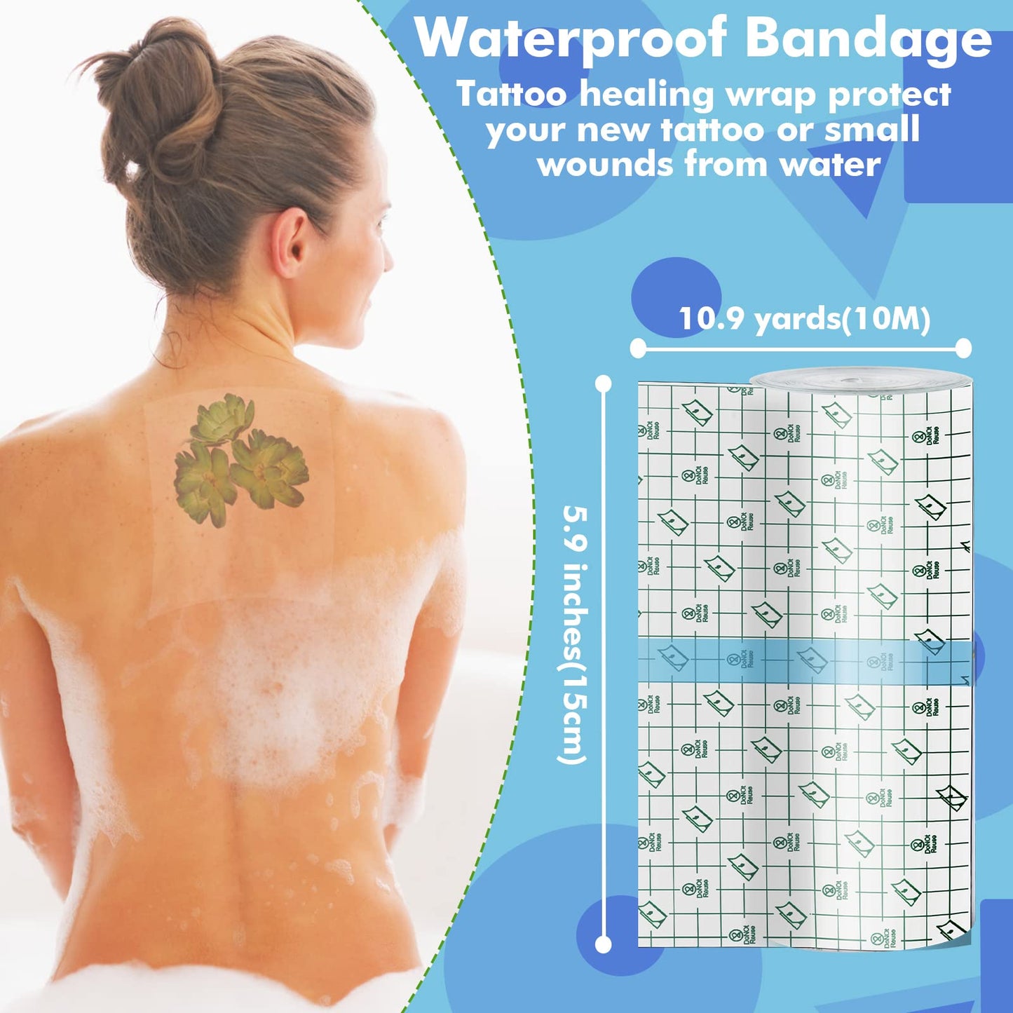 Tattoo Aftercare Waterproof Bandage (9.84 in x 10.9 Yd Roll) Second Skin Wound Healing Protective Skin Adhesive Bandages Transparent Dressing Bandages Tattoo Supplies