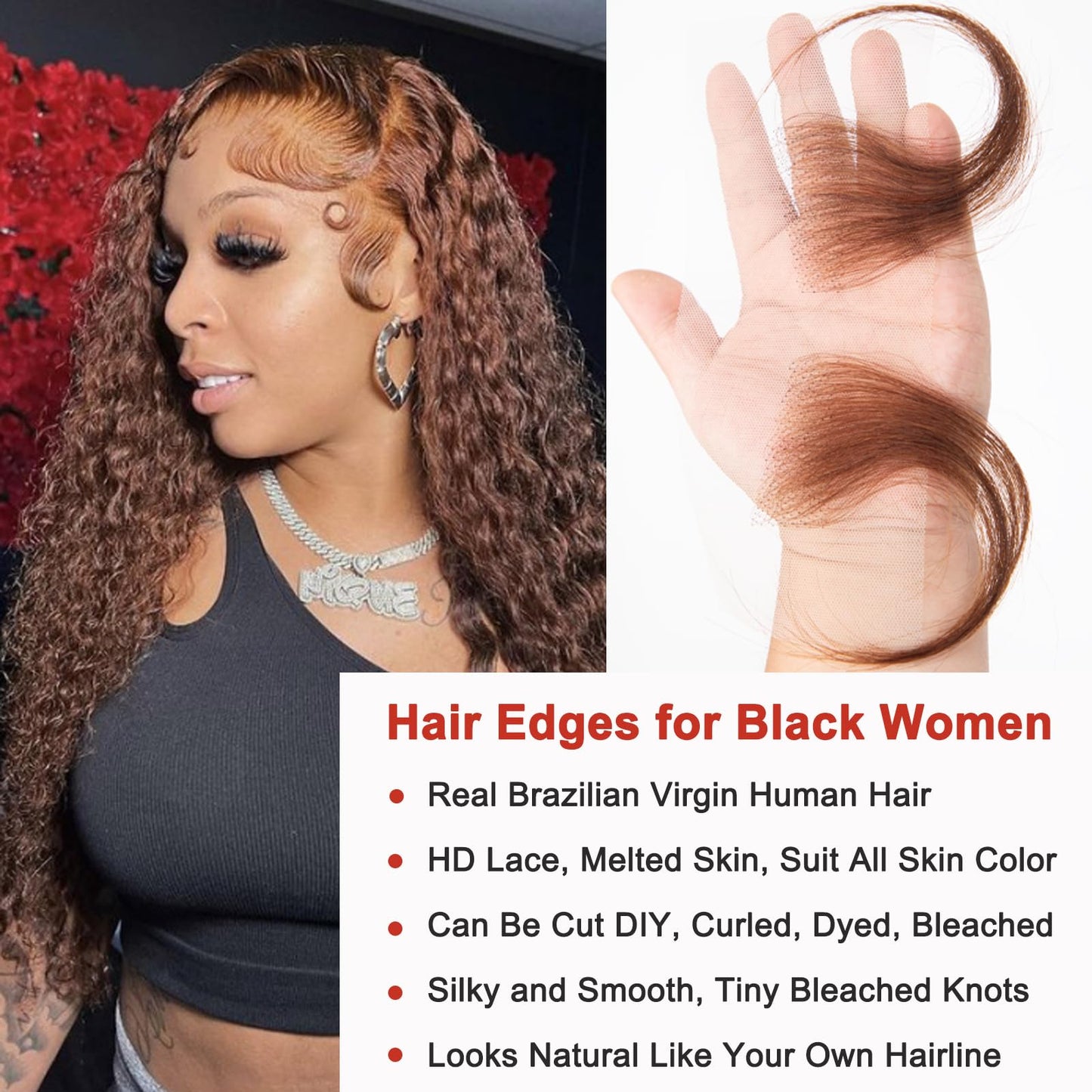 XRDDFL Fake Edges Real Human Hair Pieces HD Lace Front Wig - Chocolate Brown, 4 Pcs, Reusable Invisible Lace Hairline, 4# Colored Baby Hair Stripes