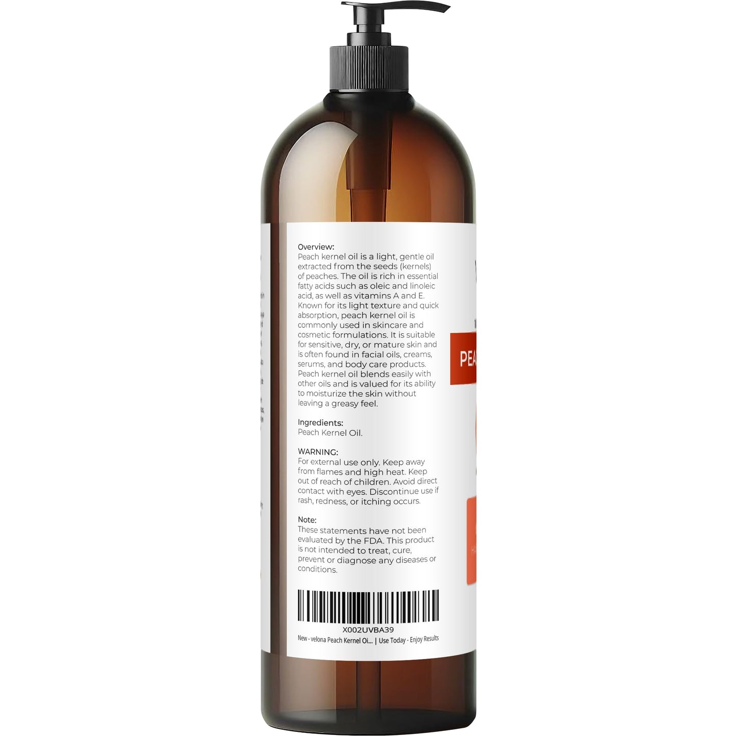 Peach Kernel Oil by Velona - 32 Fl Oz | 100% Pure and Natural Carrier Oil | Refined | Skin, Hair, Body & Face Moisturizing | Use Today - Enjoy Results