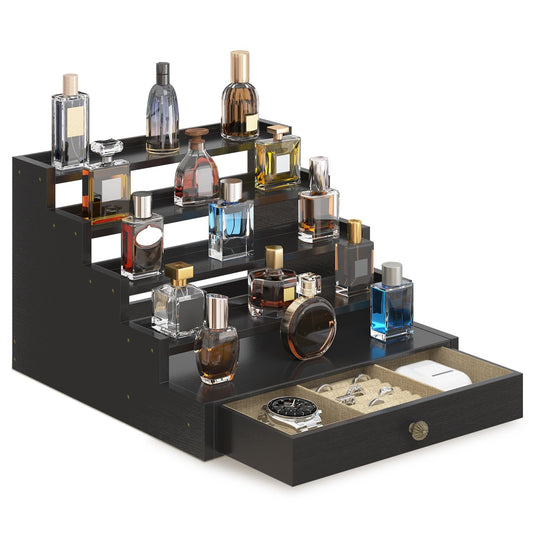 EsLuker.ly Perfume Organizer Cologne Holder Stand for Men, Wooden Cologne Display Shelf for Bedroom Dresser Countertop, 5 Tier Large Capacity Storage Rack with Drawer, Keep Fragrance Neat & Accessible