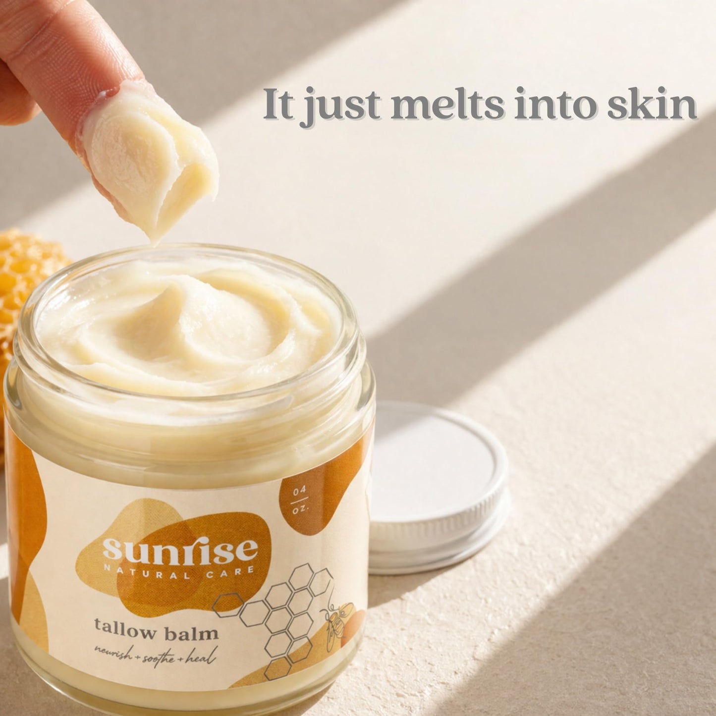 Sunrise Natural Care Unwhipped Honey and Tallow Balm - Body and Face Moisturizer - 100% Grass Fed Beef Tallow - 4 ounces - Frankincense