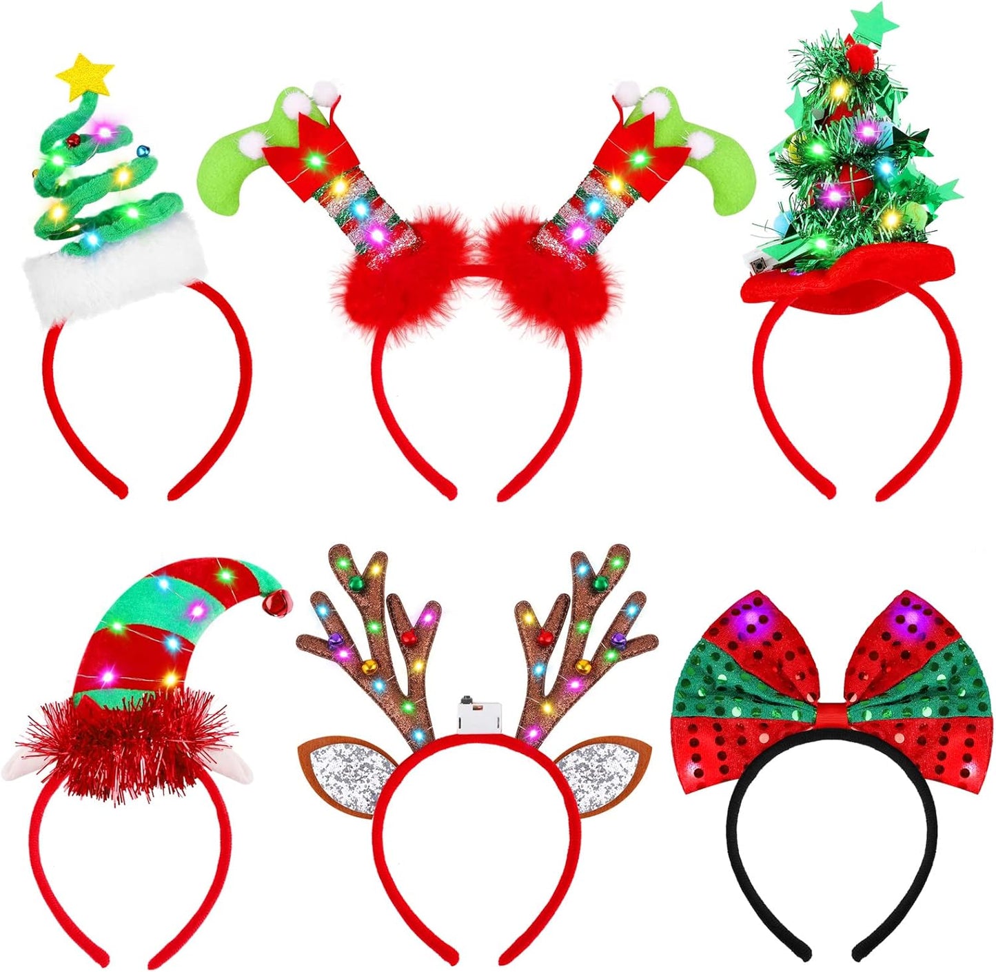Christmas Headbands - 6 Pack LED Reindeer Antler Hair Boppers | Festive Holiday Party Accessories