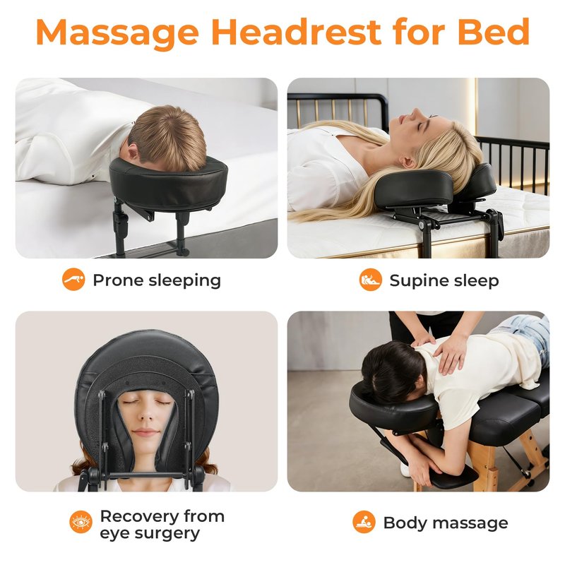 Massage Headrest for Bed with Arm Rest,Adjustable Face Cradle for Home Massage Kit,Portable Bed Massage Head Holder & Face Down Pillow After Eye Surgery,With Pillow Covers (Fabric & PU Leather),Black