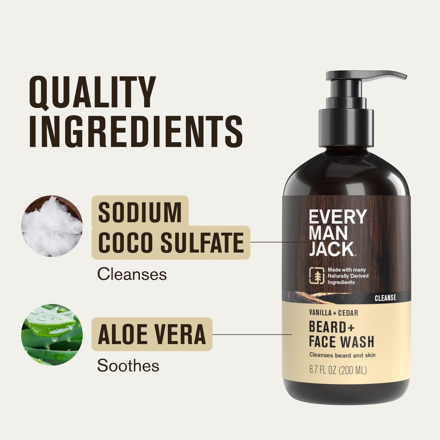 Every Man Jack Beard + Face Wash - Vanilla + Cedar Scent - Gently cleanse skin and soften beard - Made with Glycerin and Aloe - 6.7 fl. oz (2 Pack)