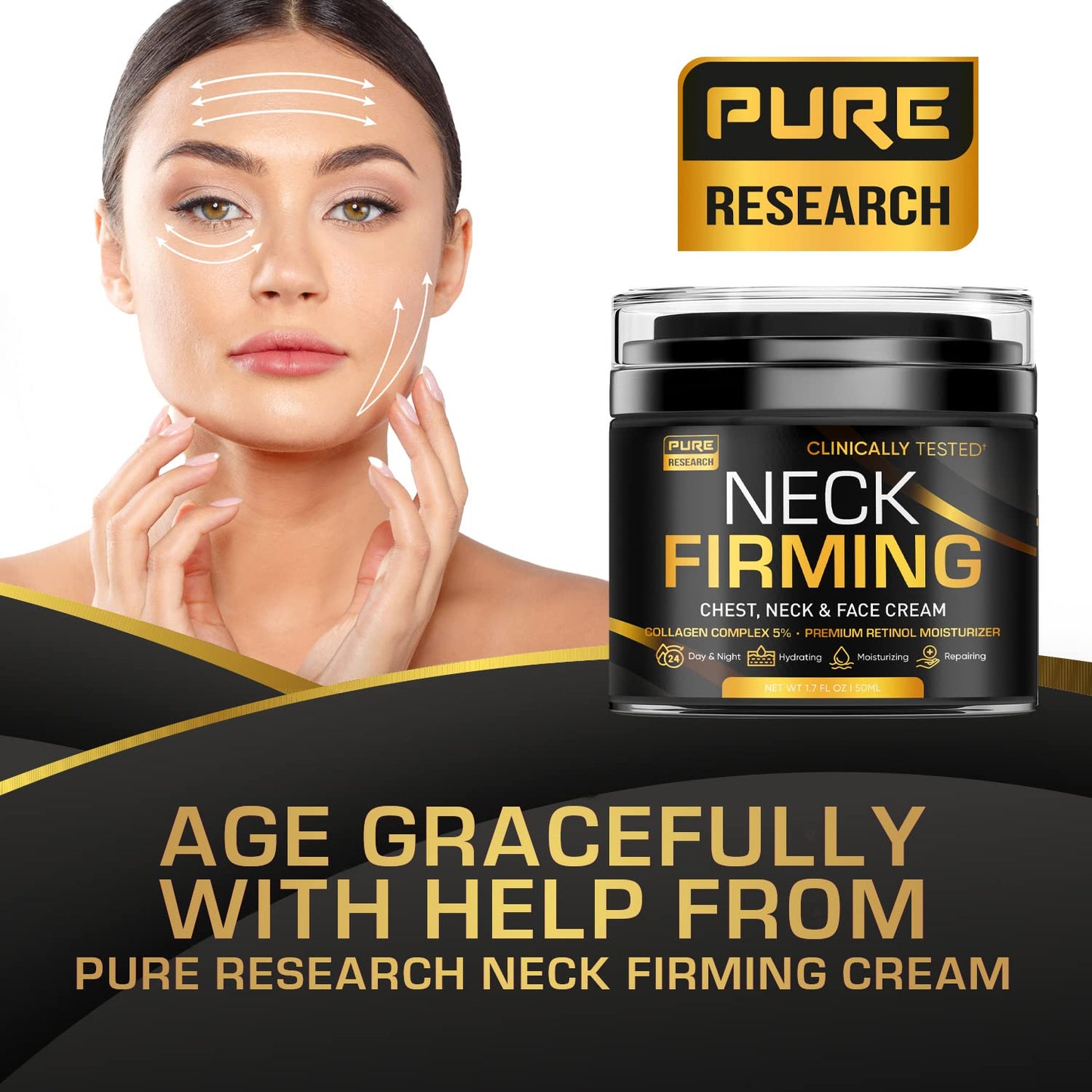 PURE RESEARCH Neck Firming Cream - Anti Wrinkle Cream Day & Night Face Neck and Décolleté Cream - Moisturizing, Lifting & Hydrating