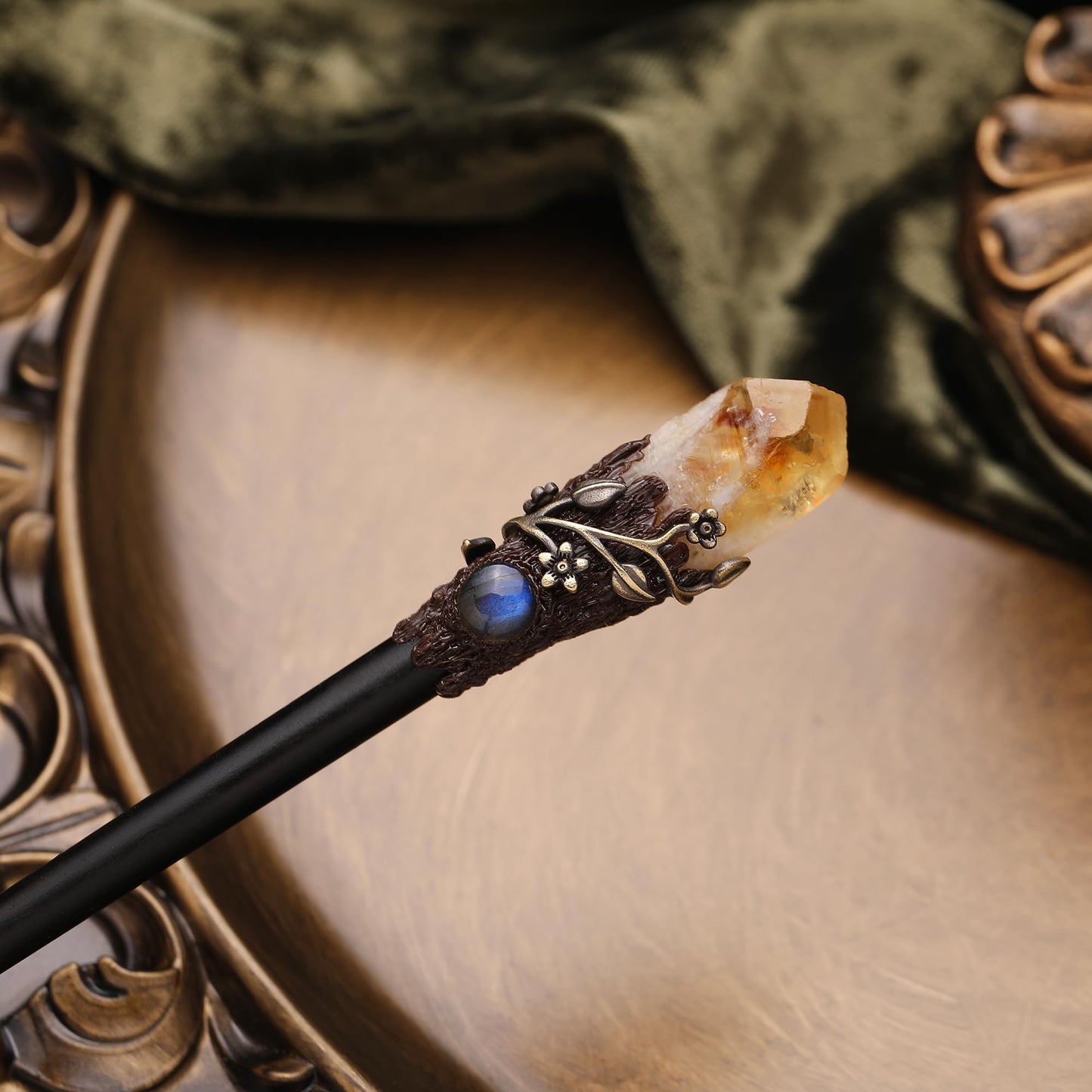 Wooden Magic Wand Chopstick Hairpin Amethyst Labradorite Handcraft Gift for Her (Citrin)