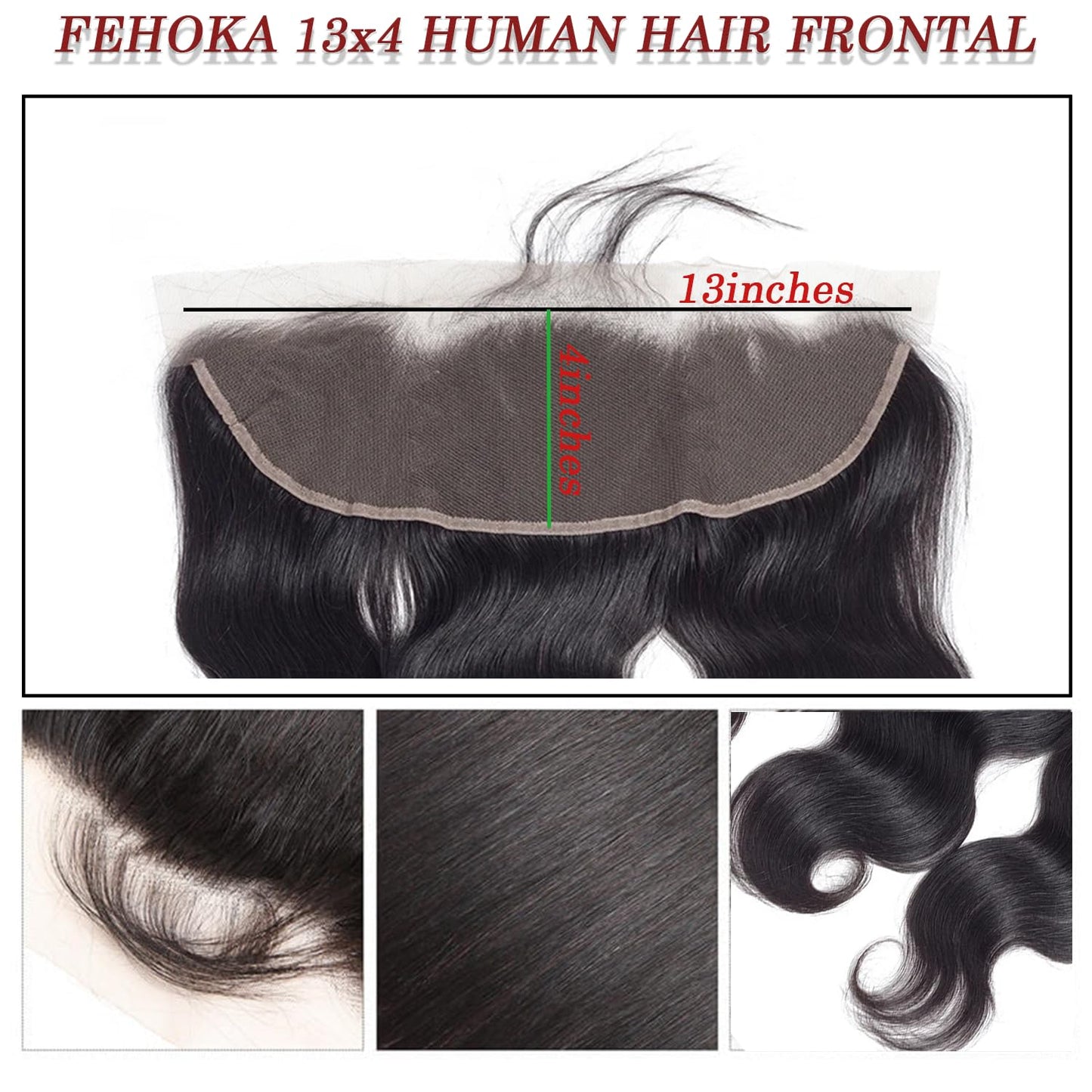 FEHOKA 13x4 Human Hair Lace Frontal 16 Inch Body Wave, Can be Curly and Dyed, Middle Part, With Baby Hair (16 Inch, 13x4 Black)