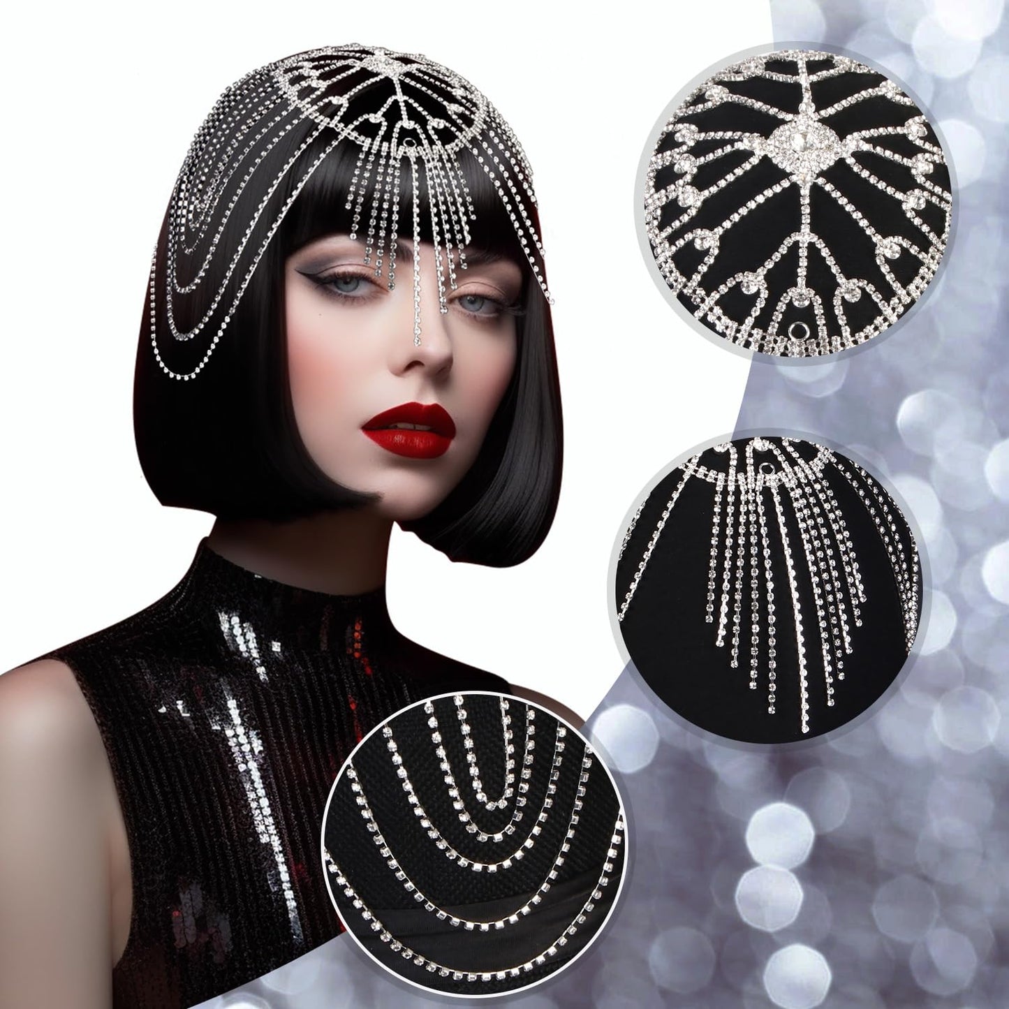 Vijiv 1920s Rhinestone Headpiece for Women Wedding Bride Flapper Beaded Cap Head Chain Jewelry Roaring 20s Great Gatsby Hair Accessoreis for Art Deco Party Silver