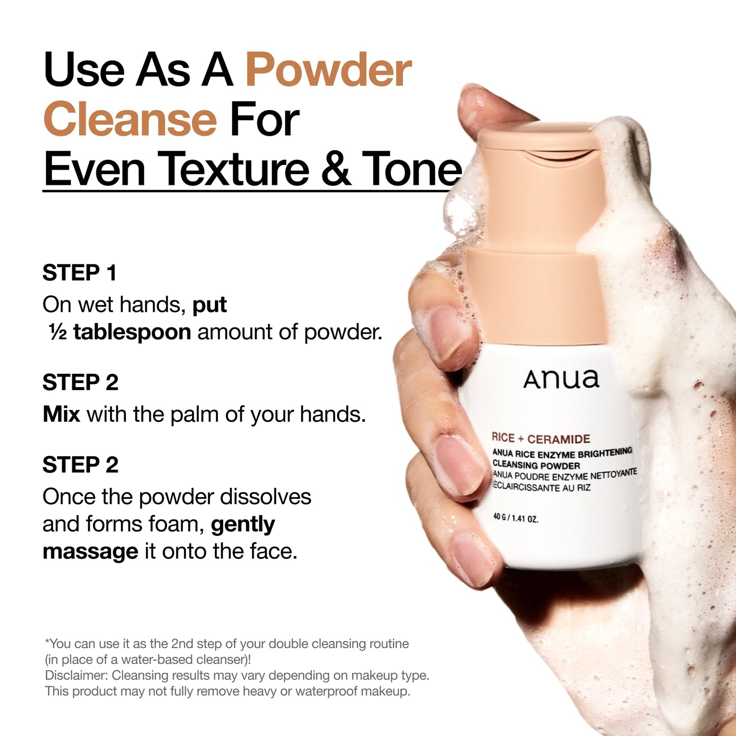ANUA Rice Enzyme Brightening Cleansing Powder, Exfoliating Powder-to-Foam Cleanser, Smooth Texture & Clarity, Hydrating & Gentle Formula, Korean Skincare,1.41 fl.oz