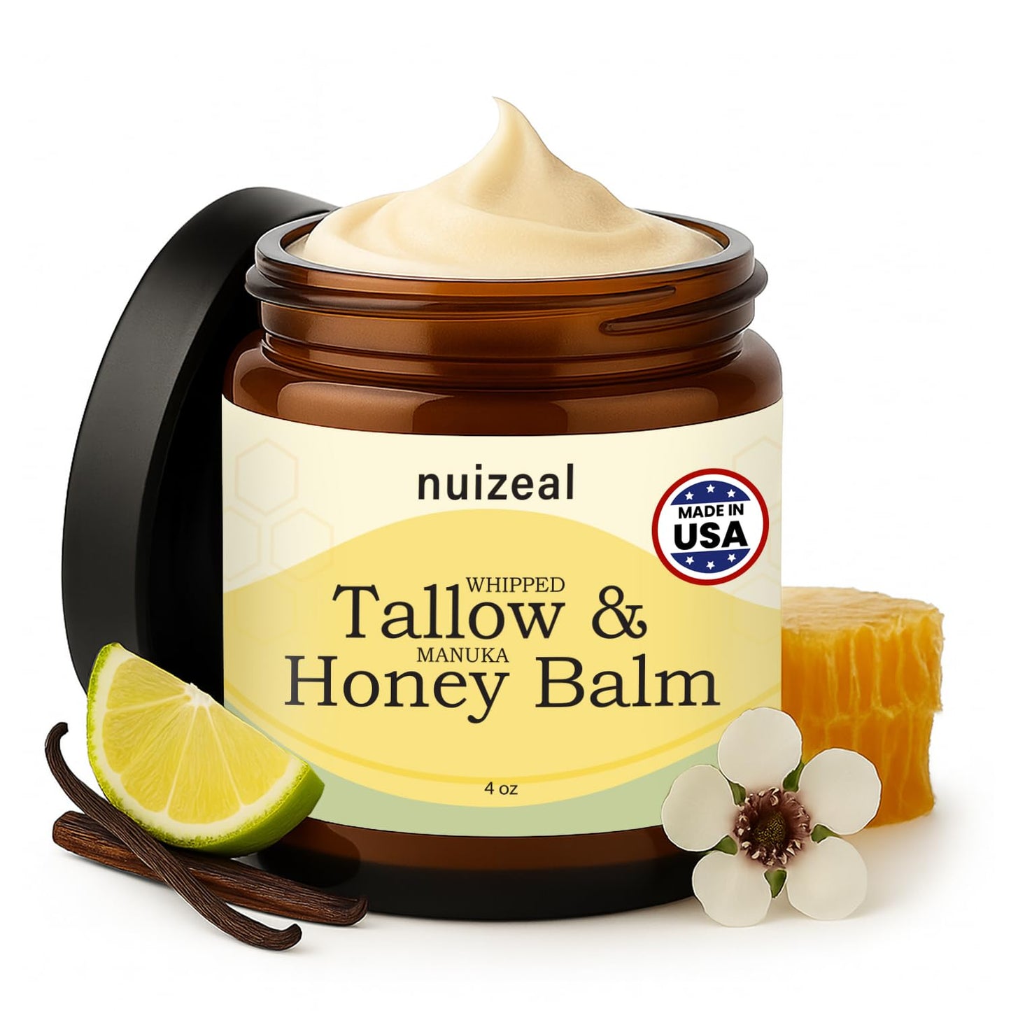 NUIZEAL Whipped Beef Tallow for Skin & Face - Tallow and Honey Balm Moisturizer, Grass-Fed, Calendula, Bergamot & Vanilla, 4 oz (4 oz, for Women)