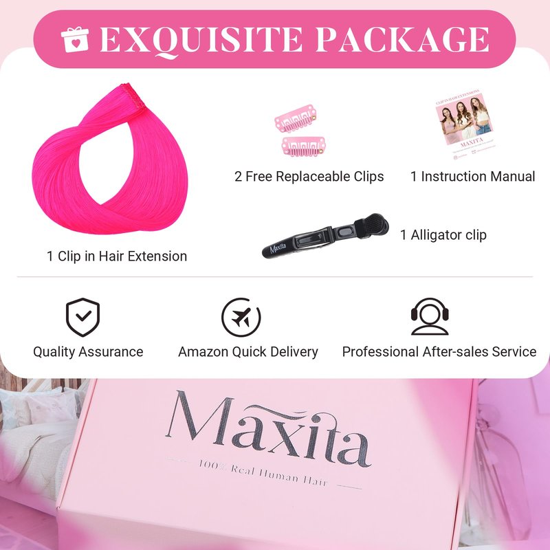 MAXITA Clip in Hair Extensions Real Human Hair,Remy Hair Extensions Clip ins Double Weft for Women,Natural Real Human Hair,18Inch 35g 6Pcs,HotPink