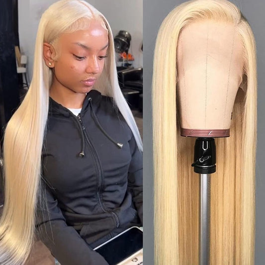 CUEKT Blonde 613 Lace Front Wig Synthetic Pre Cut Lace Wig for Hair Beginner Friendly Straight Frontal Wigs Pre Plucked Hairline Colored 180 Density Transparent Lace Wig for Black Women