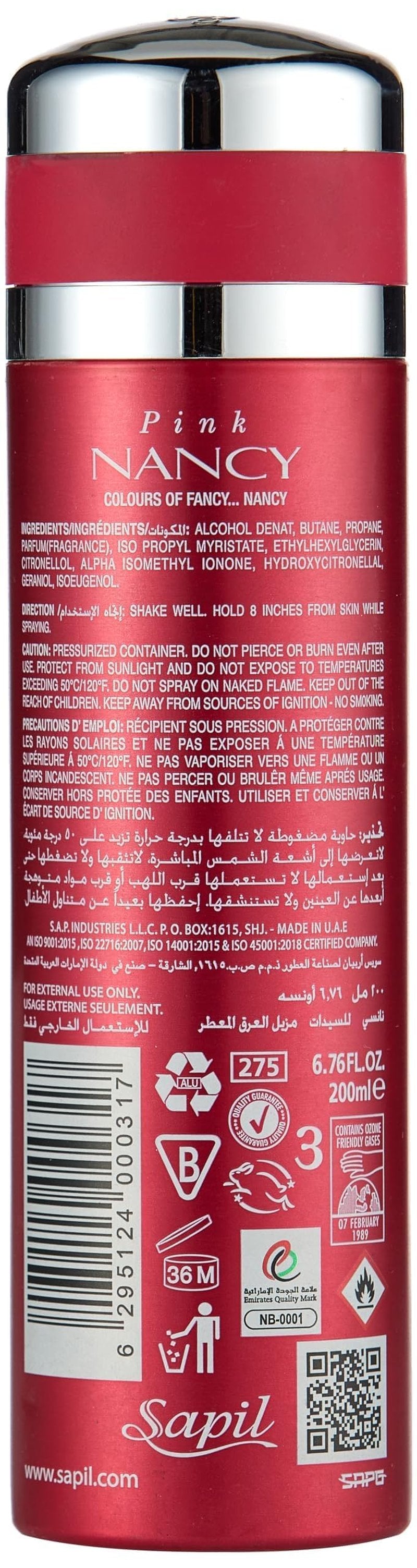 Sapil Nancy Pink - Deodorant Spray for Women - Scented Deodorant for Long-Lasting Odor Protection - Floral, Fruity, and Musky Deodorant Spray - Keeps You Fresh and Odor Free All Day - 6.76 oz