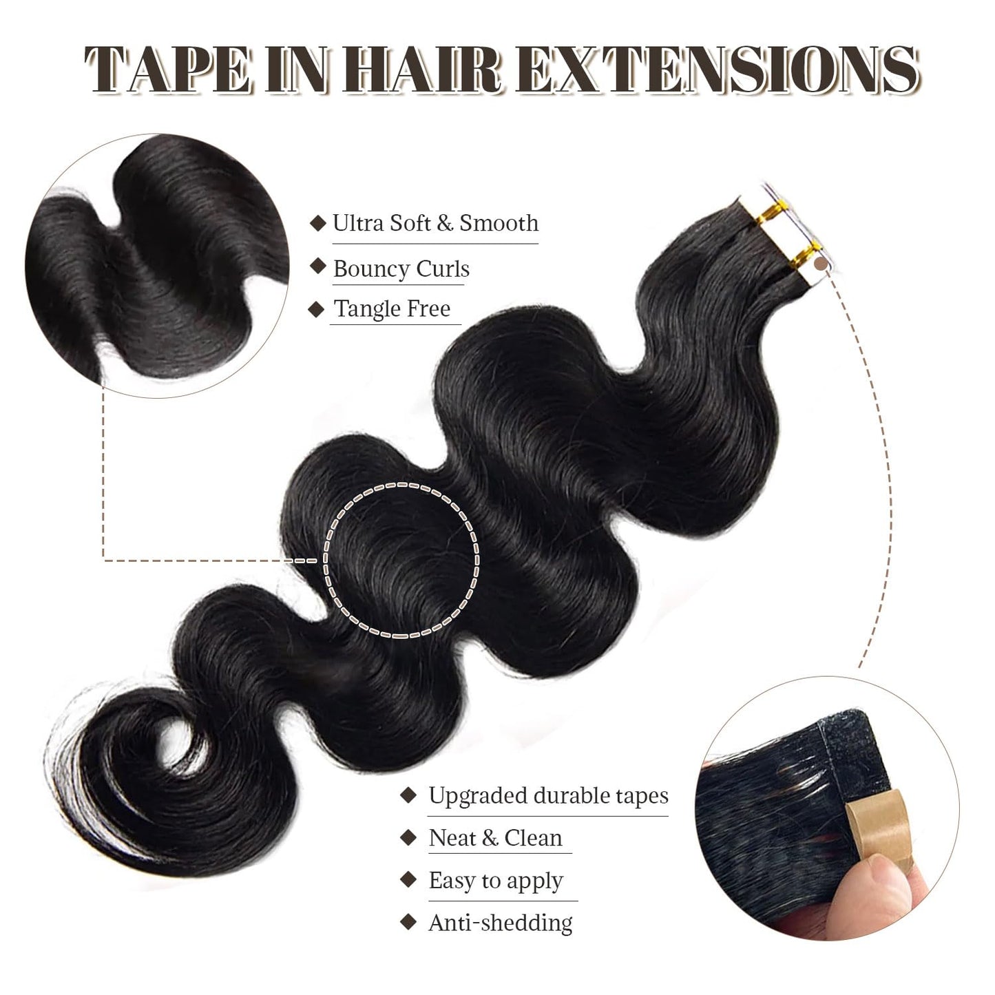 Tape in Hair Extensions Human Hair Body Wave 100% Remy Human Hair 16 Inch 50g/pack 20pcs Tape Hair Extensions Natural Black Real Human Hair Extensions for Black Women Human Hair Tape in Extensions