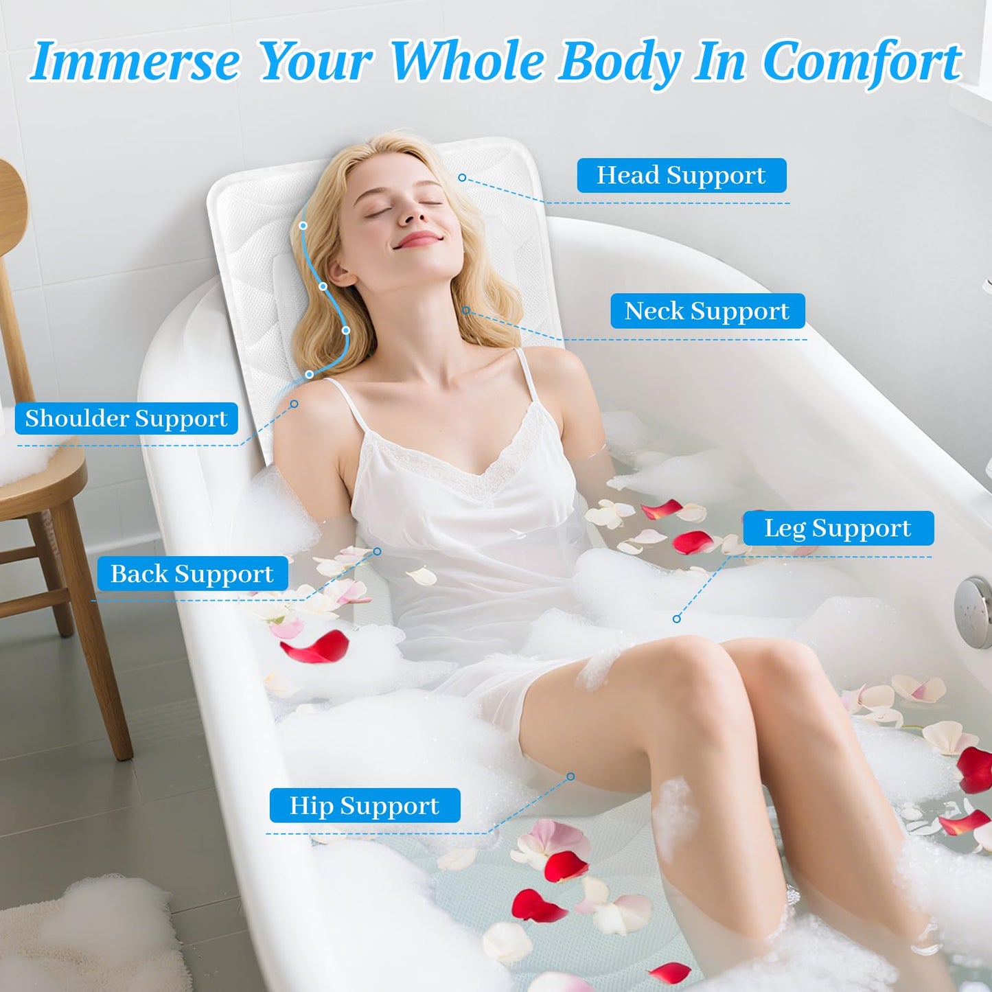 TranquilRelax Bath Pillow for Tub with Laundry Bag & 17 Non-Slip Suction Cups, Extra Thick and Soft Bathtub Pillow for Head, Neck & Shoulder Support, 51" x 16" White