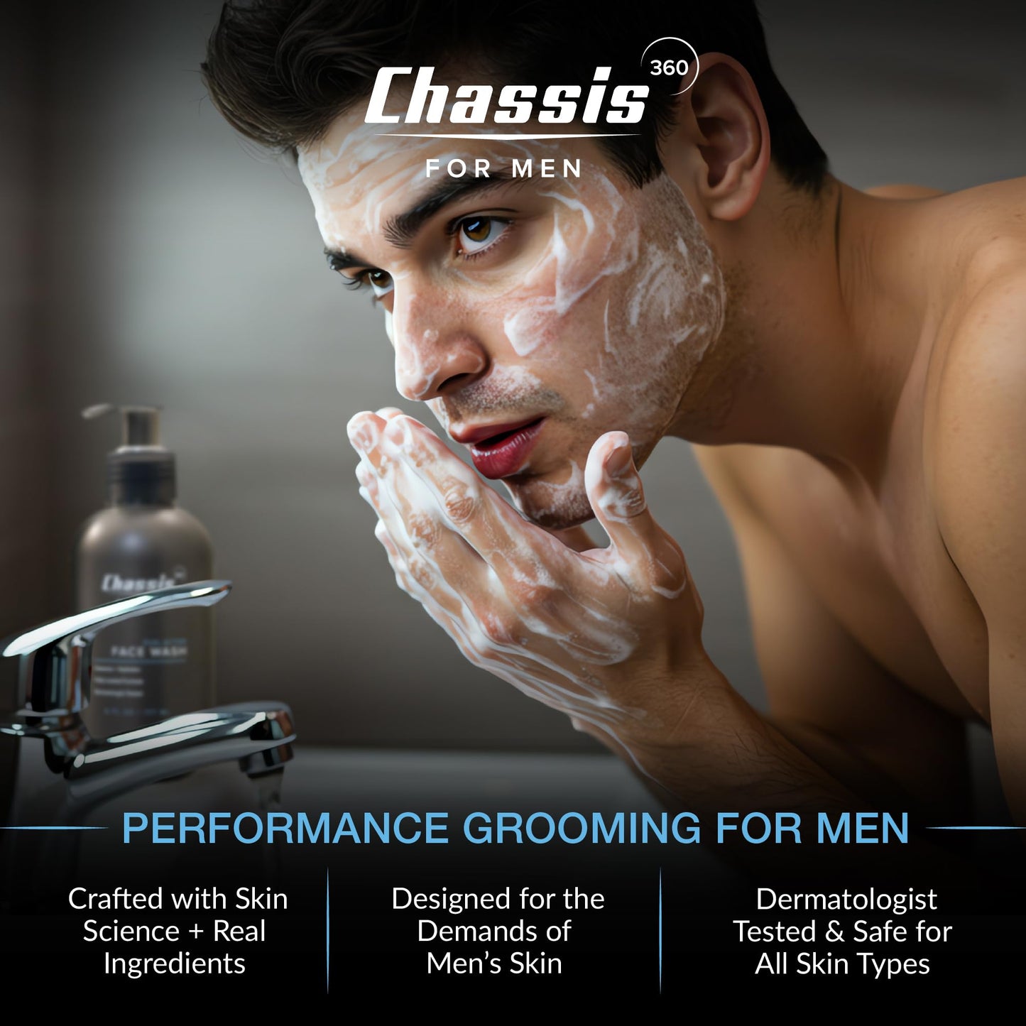 Chassis 360 Dual Action Face Wash - Hydrating & Oil Control Men's Face Wash with Niacinamide, Vitamin C & Hyaluronic Acid - Free From Phthalates, Parabens & Sulfates - Unscented Cleanser - 6 Fl Oz