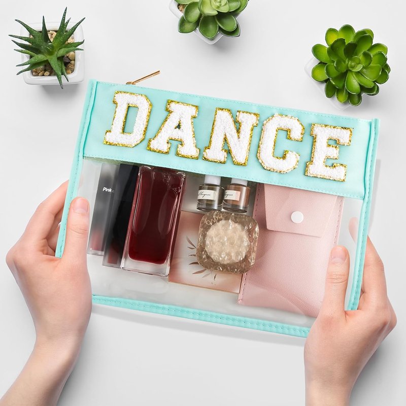 Chenille Letter Dance Makeup Bags - 6 Pcs Waterproof PVC Cosmetic Organizer | Clear Portable Toiletry Pouch (Candy Color)