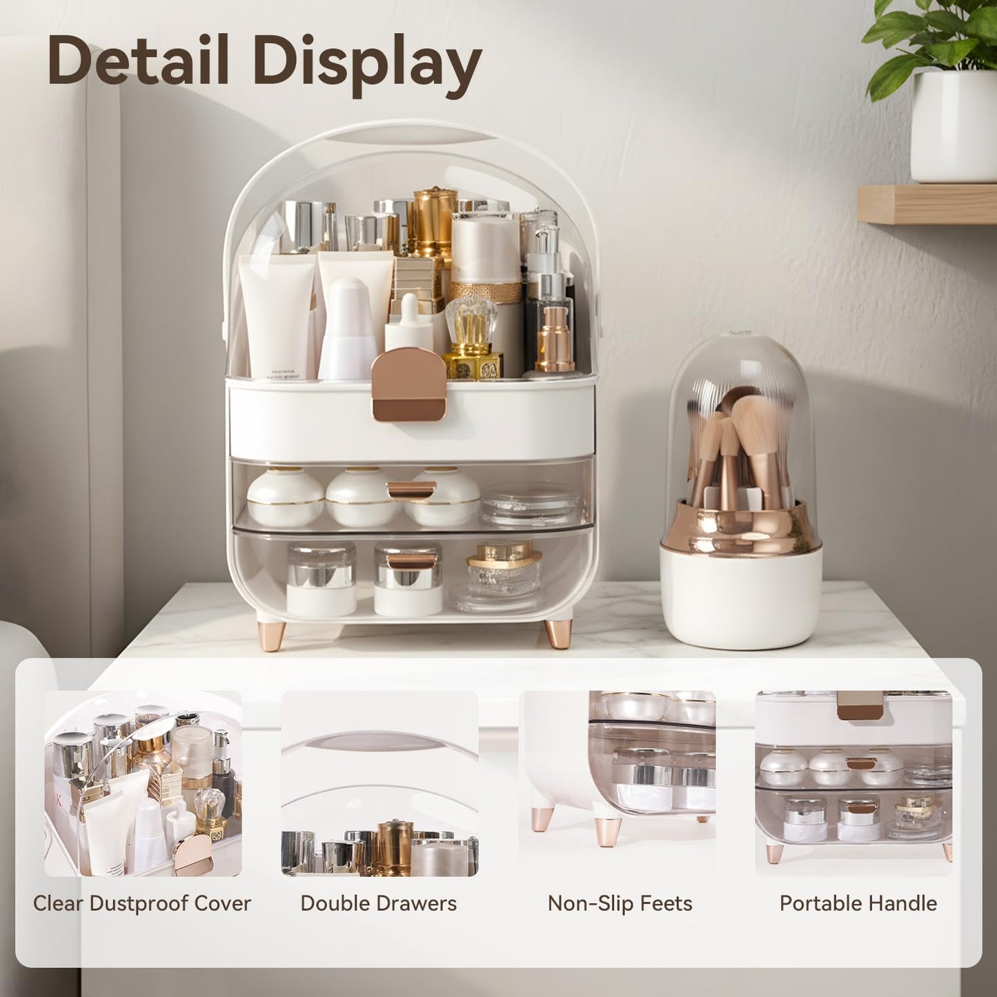 Makeup Organizer for Vanity with Brush Holder, Lid and 2 Drawers, Rose Gold