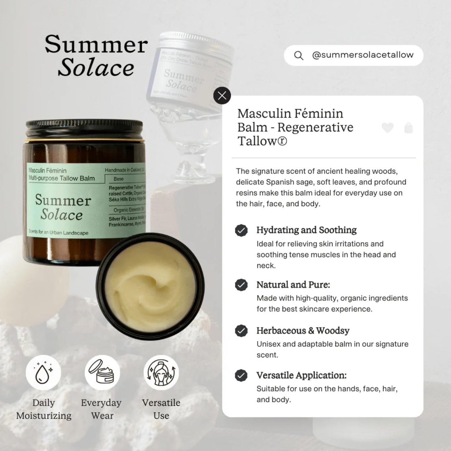 Summer Solace Tallow Balm Nourishing & Soothing Face & Body Cream Multi Purpose Hydrating Natural Moisturizer for Soft, Supple Skin Woodsy Scent 50ml (Masculin Feminin)