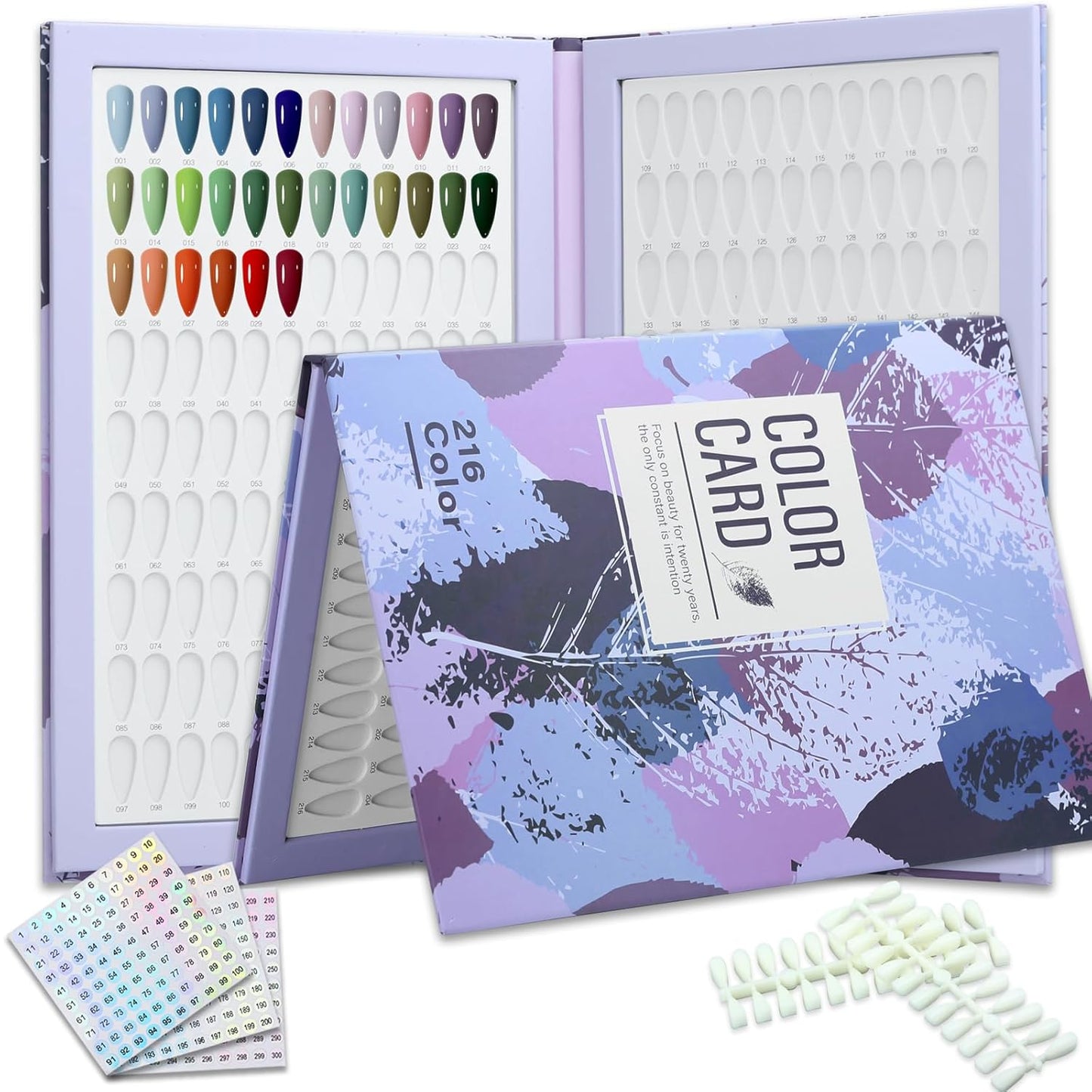 Nail Color Display Book - 216 Nail Colors with 240 Tips & Number Labels | Purple Swatch Guide