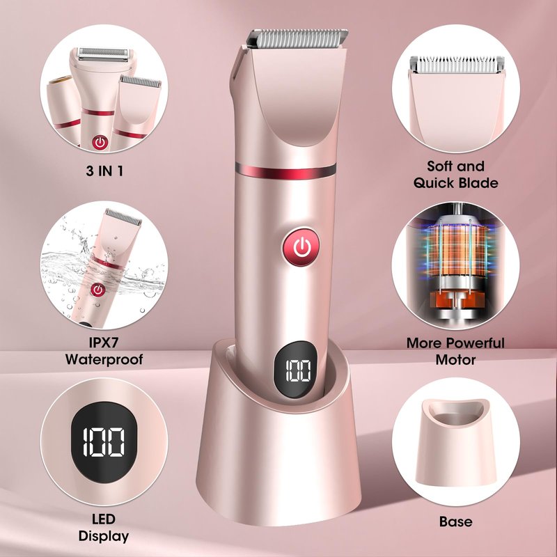 Zesuti Bikini Trimmer for Women- 3 in 1 Painless Electric Razors for Women,Waterproof Pubic Hair Trimmer and Facial Hair Remover,LCD Display Body Shaver for Trip,Rechargeable Women's Grooming Kit