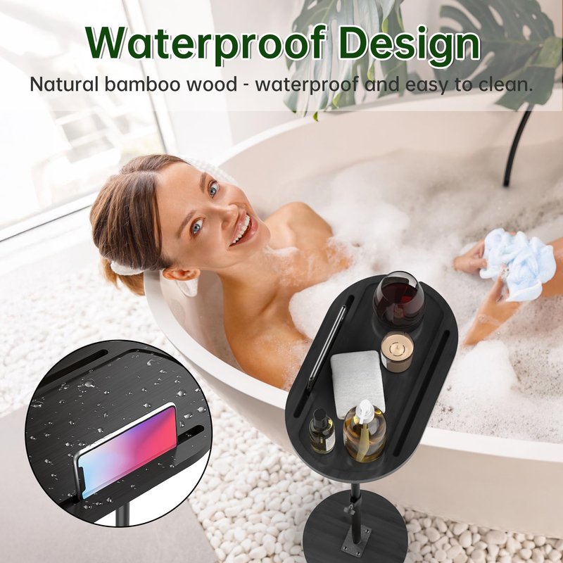 NiHome Bamboo Swivel Sofa Armrest Tray Table for Couch with Thickened Stable Base, Adjustable Height TV Tray Side Table with 360° Rotating for Bath Tub Hot Tub Bedside Balcony, Black