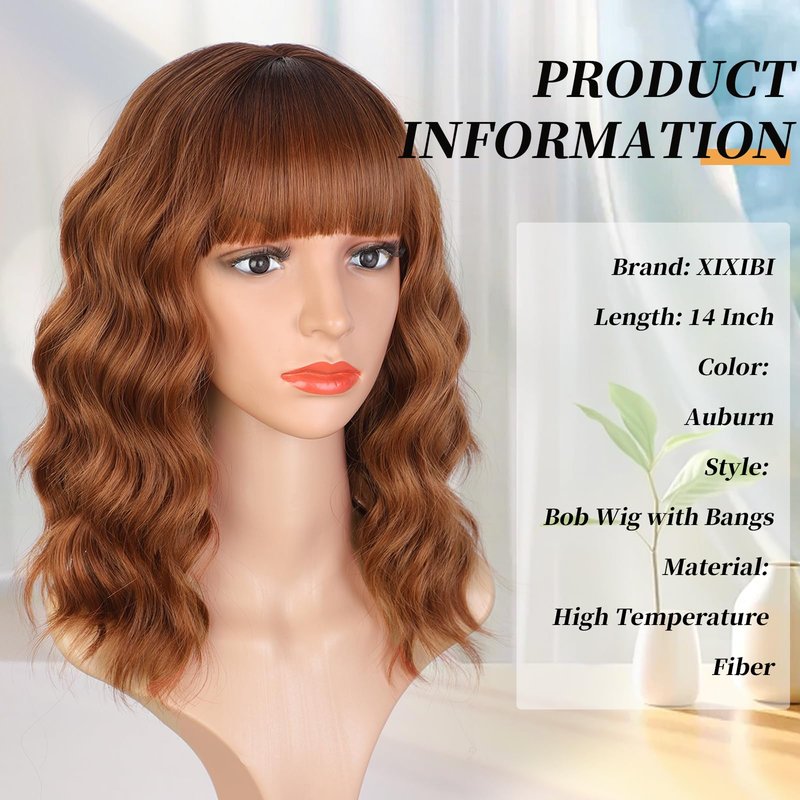 XIXIBI Auburn Wigs for Women Bob Wig with Bangs Short Curly Synthetic Shoulder Length Hair Wavy Natural Looking for Party Daily Use