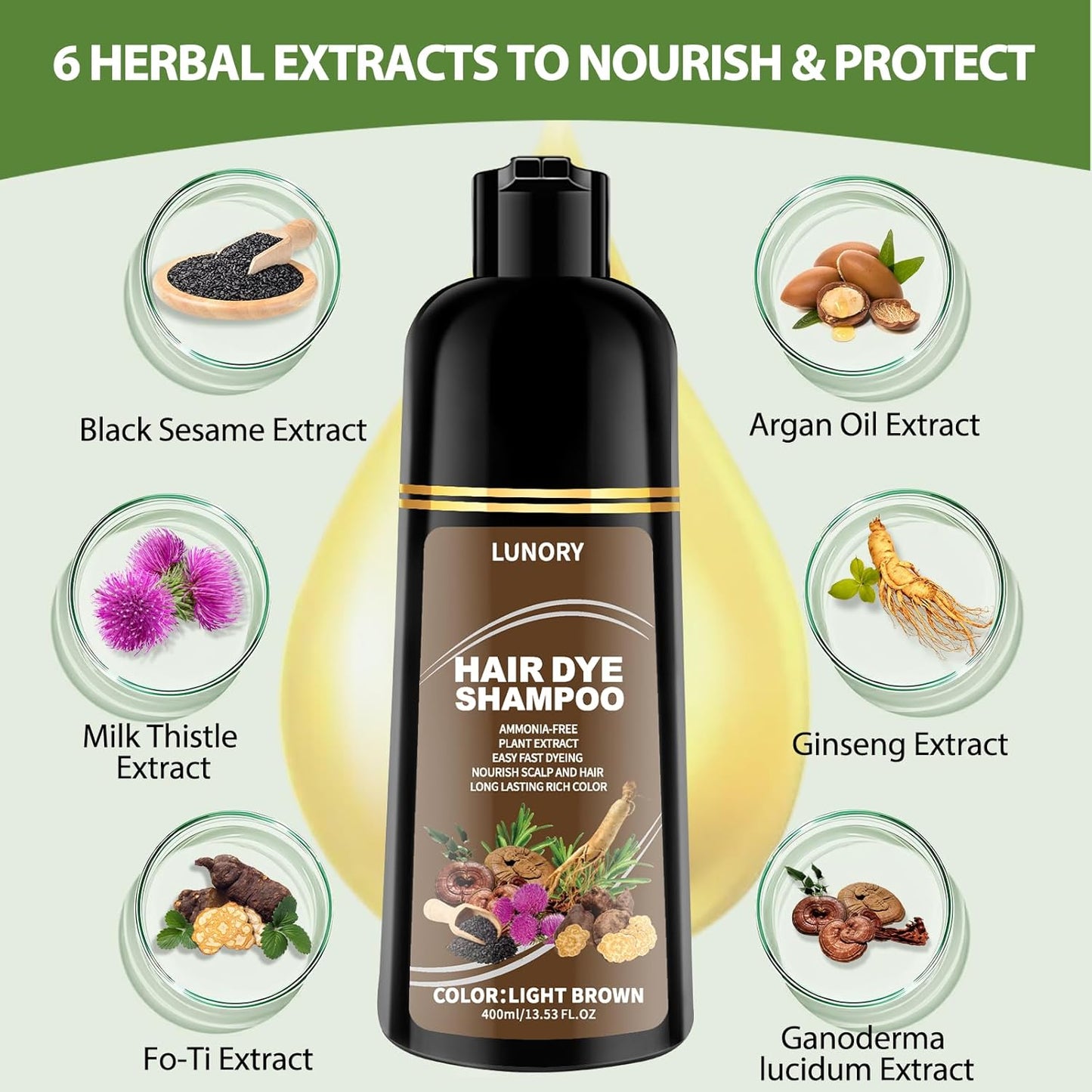 Light Brown Hair Dye Shampoo - 100% Gray Coverage, Argan Oil & Ginseng, Ammonia-Free | Long-Lasting Semi-Permanent Color for Men & Women