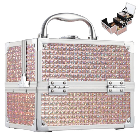 Costravio Makeup Box with Mirror, Makeup Organizer Case Train Case for Girls Women Kids Make up Box Makeup Case Organizer with Lock and Key Storage Vanity for Polishes Cosmetic Jewelry, Shiny Pink