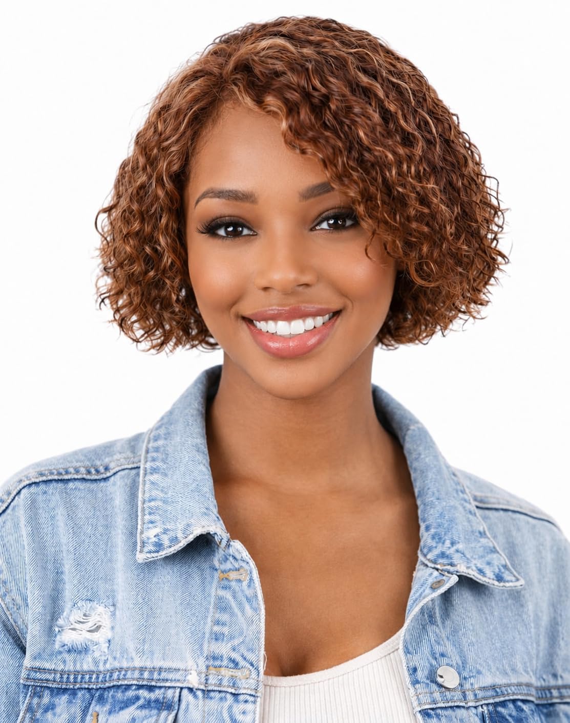 ManeMajesty Deep Curly Human Hair Wigs, Side Part Lace Front Pre Cut Lace, Wear and Go Glueless Wig 8 Inch Short Curly Bob Wigs for Women,100% Brazilian Human Hair,4/27/30 Brown Mixed Honey Blonde