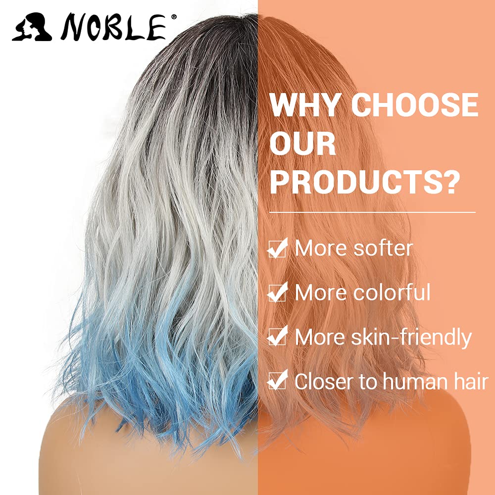 NOBLE Blue Wig with Bangs 12 Inches Short Bob Curly Wig Blue Wigs for Women Colorful Wavy Bob Wigs with Air Bangs Heat Resistant Synthetic Silver Blue Halloween Wigs for Cosplay Party