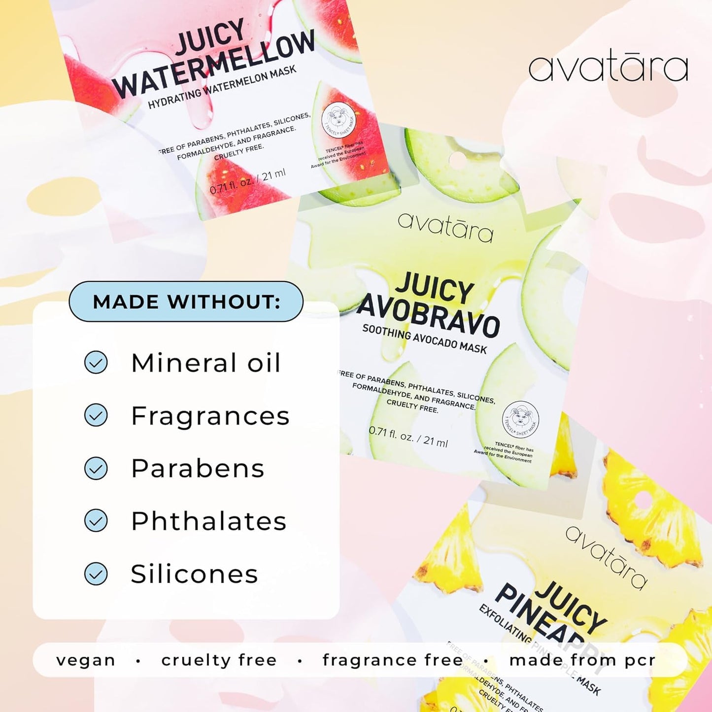 Avatara All-Star Sheet Mask Variety 8-Pack - Hydrating Korean Beauty Face Masks for Tweens and Teens - With Watermelon, Peach, and Aloe - Cruelty-Free, Synthetic Fragrance-Free