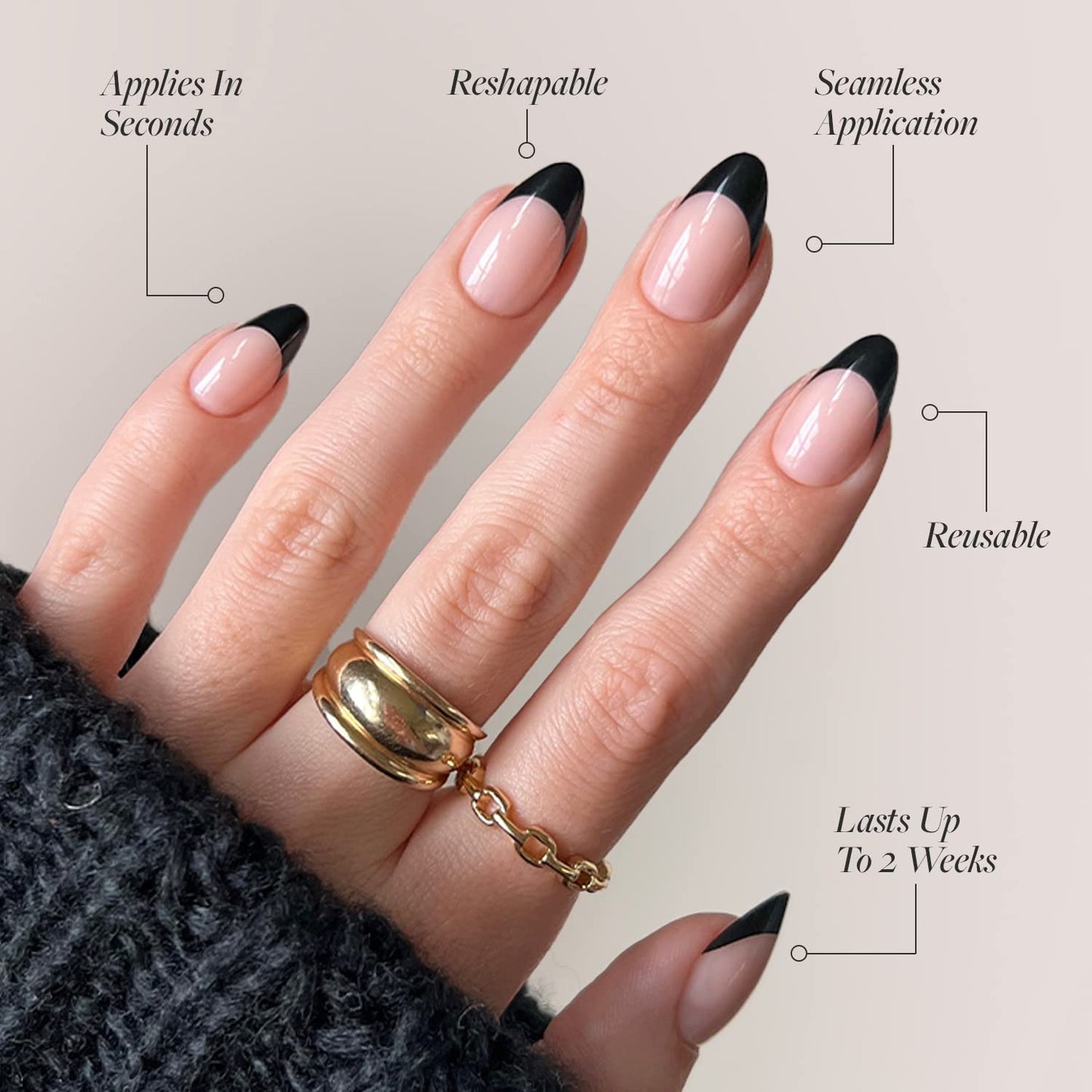 Glamnetic Press-On Nails & Adhesive Nail Tabs - Caviar | Semi-Transparent with Black French Tips, Short Almond Nails, Reusable |