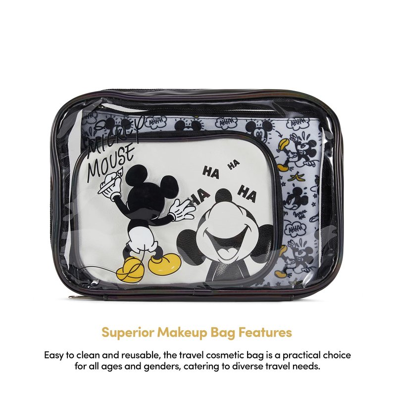 Mickey Mouse Cosmetic Case Set - Officially Licensed Mickey and Minnie Mouse Travel Cosmetic Case 3 Piece Set - Girls, Boys, Teens, Adults (Black Mickey)